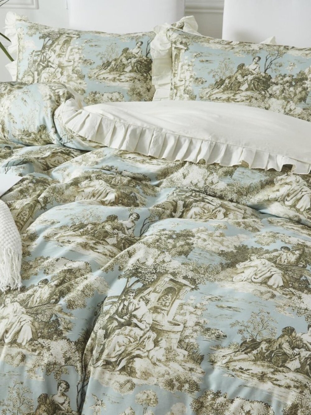 French Country Toile Queen Duvet Cover Set for Girl Women Bedroom Vintage